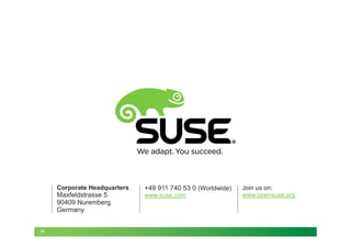 Corporate Headquarters   +49 911 740 53 0 (Worldwide)   Join us on:
     Maxfeldstrasse 5         www.suse.com                   www.opensuse.org
     90409 Nuremberg
     Germany


24
 