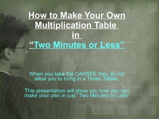 How to Make Your Own Multiplication Table  in  “ Two Minutes or Less” When you take the CAHSEE they do not allow you to bring in a Times Tables. This presentation will show you how you can make your own in just “Two Minutes or Less” 