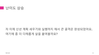 난이도 상승
자 이제 신년 계획 세우기와 실행까지 해서 큰 골격은 완성되었어요.
여기에 좀 더 다채롭게 살을 붙여볼까요?
TONY KIM 55
 