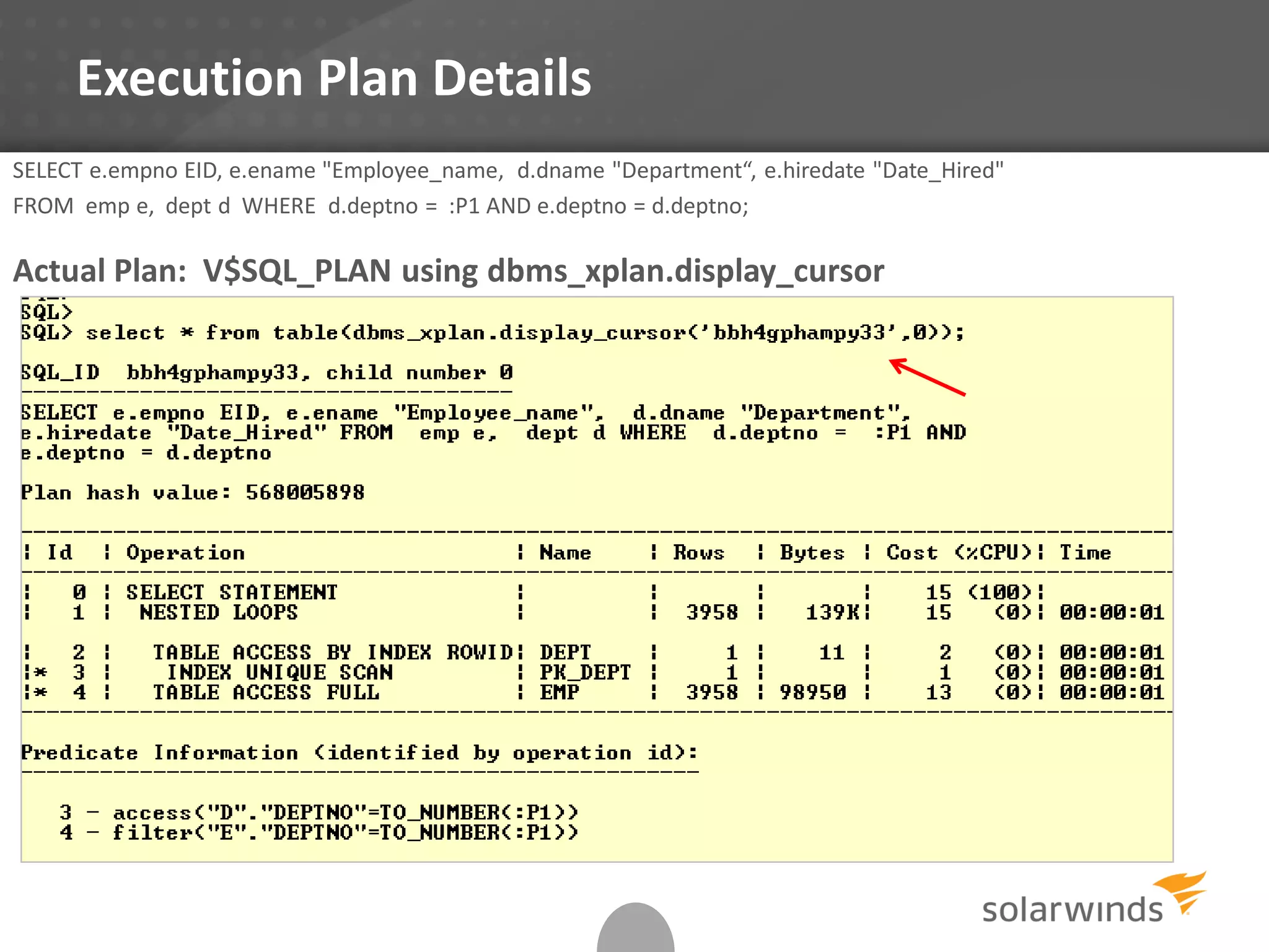 Execution Plan Details
SELECT e.empno EID, e.ename "Employee_name, d.dname "Department“, e.hiredate "Date_Hired"
FROM emp e, dept d WHERE d.deptno = :P1 AND e.deptno = d.deptno;
Actual Plan: V$SQL_PLAN using dbms_xplan.display_cursor
 