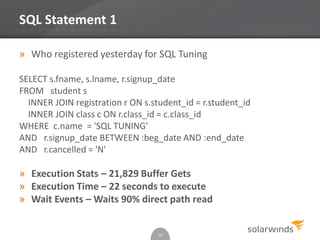 SQL Statement 1
» Who registered yesterday for SQL Tuning
SELECT s.fname, s.lname, r.signup_date
FROM student s
INNER JOIN registration r ON s.student_id = r.student_id
INNER JOIN class c ON r.class_id = c.class_id
WHERE c.name = 'SQL TUNING'
AND r.signup_date BETWEEN :beg_date AND :end_date
AND r.cancelled = 'N'
» Execution Stats – 21,829 Buffer Gets
» Execution Time – 22 seconds to execute
» Wait Events – Waits 90% direct path read
29
 