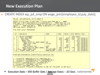 New Execution Plan
» CREATE INDEX wp_pd_emp ON wage_pmt(employee_id,pay_date);
46
 Execution Stats – 695 Buffer Gets / Average Execs - .03 Secs
 