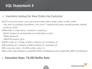 SQL Statement 3
» Inventory lookup for New Orders by Customer
SELECT c.cust_first_name, c.cust_last_name,o.order_date, o.order_status, o.order_mode,
i.line_item_id, p.product_Description, i.unit_price * i.quantity total_price, quantity quantity_ordered,
ip.total_on_hand
FROM orders o, order_Items i, customers c, product p,
(SELECT product_id, sum(quantity_on_hand) total_on_hand
FROM inventories
GROUP BY product_id) ip
WHERE i.order_id = o.order_id AND c.customer_id = o.customer_id
AND p.product_id = i.product_id AND p.product_id = ip.product_id
AND c.cust_last_name = :B1 AND o.order_status = 0
AND o.order_date between to_date(:BEG_DATE,'mm/dd/yyyy') and to_date(:END_DATE,'mm/dd/yyyy')
» Execution Stats: 73,392 Buffer Gets
48
 