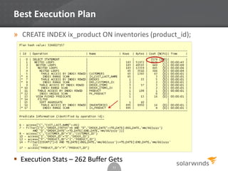 Best Execution Plan
» CREATE INDEX ix_product ON inventories (product_id);
53
 Execution Stats – 262 Buffer Gets
 