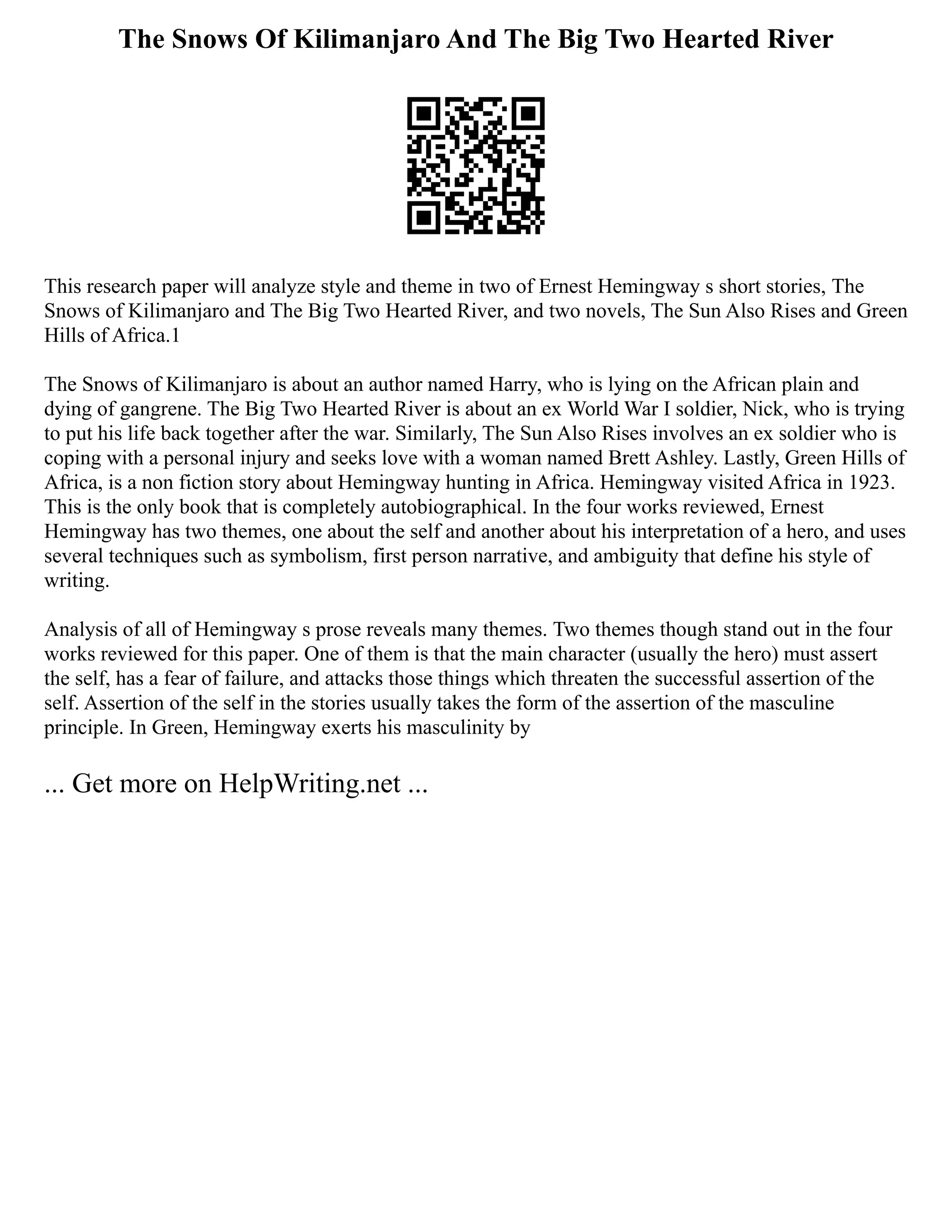 The Snows Of Kilimanjaro And The Big Two Hearted River
This research paper will analyze style and theme in two of Ernest Hemingway s short stories, The
Snows of Kilimanjaro and The Big Two Hearted River, and two novels, The Sun Also Rises and Green
Hills of Africa.1
The Snows of Kilimanjaro is about an author named Harry, who is lying on the African plain and
dying of gangrene. The Big Two Hearted River is about an ex World War I soldier, Nick, who is trying
to put his life back together after the war. Similarly, The Sun Also Rises involves an ex soldier who is
coping with a personal injury and seeks love with a woman named Brett Ashley. Lastly, Green Hills of
Africa, is a non fiction story about Hemingway hunting in Africa. Hemingway visited Africa in 1923.
This is the only book that is completely autobiographical. In the four works reviewed, Ernest
Hemingway has two themes, one about the self and another about his interpretation of a hero, and uses
several techniques such as symbolism, first person narrative, and ambiguity that define his style of
writing.
Analysis of all of Hemingway s prose reveals many themes. Two themes though stand out in the four
works reviewed for this paper. One of them is that the main character (usually the hero) must assert
the self, has a fear of failure, and attacks those things which threaten the successful assertion of the
self. Assertion of the self in the stories usually takes the form of the assertion of the masculine
principle. In Green, Hemingway exerts his masculinity by
... Get more on HelpWriting.net ...
 