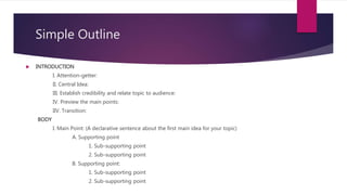 Simple Outline
 INTRODUCTION
I. Attention-getter:
II. Central Idea:
III. Establish credibility and relate topic to audien...