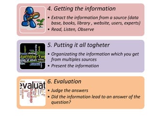 4. Getting the information
• Extract the information from a source (data
base, books, library , website, users, experts)
• Read, Listen, Observe
5. Putting it all togheter
• Organizating the information which you get
from multiples sources
• Present the information
6. Evaluation
• Judge the answers
• Did the information lead to an answer of the
question?
 