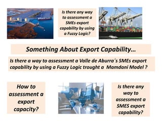 Something About Export Capability…
How to
assessment a
export
capacity?
Is there any
way to
assessment a
SMES export
capability?
Is there any way
to assessment a
SMEs export
capability by using
a Fuzzy Logic?
Is there a way to assessment a Valle de Aburra´s SMEs export
capability by using a Fuzzy Logic trought a Mamdani Model ?
 