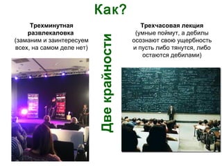 Двекрайности
Трехминутная
развлекаловка
(заманим и заинтересуем
всех, на самом деле нет)
Трехчасовая лекция
(умные поймут, а дебилы
осознают свою ущербность
и пусть либо тянутся, либо
остаются дебилами)
Как?
 