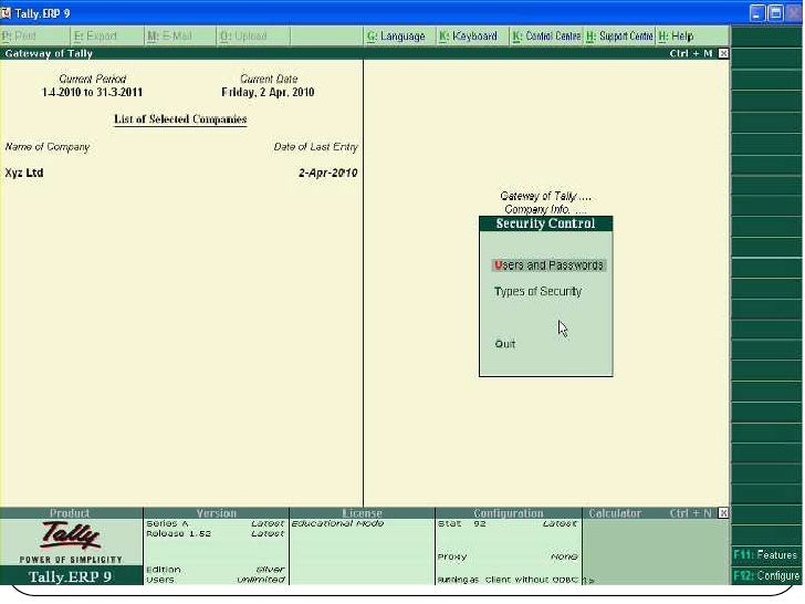 How To Make Security Control In Tally.ERP 9