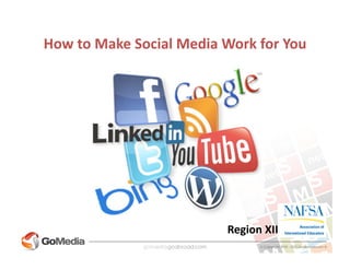 How	
  to	
  Make	
  Social	
  Media	
  Work	
  for	
  You 	
  	
  




                                            Region	
  XII	
  
 