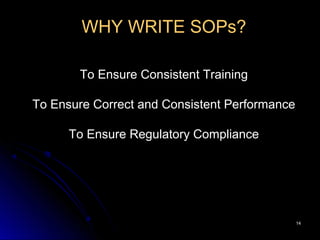 1414
WHY WRITE SOPs?
To Ensure Consistent Training
To Ensure Correct and Consistent Performance
To Ensure Regulatory Compliance
 