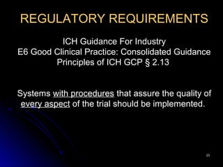 2323
REGULATORY REQUIREMENTS
ICH Guidance For Industry
E6 Good Clinical Practice: Consolidated Guidance
Principles of ICH GCP § 2.13
Systems with procedures that assure the quality of
every aspect of the trial should be implemented.
 
