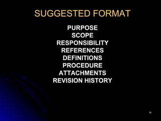 3636
SUGGESTED FORMAT
PURPOSE
SCOPE
RESPONSIBILITY
REFERENCES
DEFINITIONS
PROCEDURE
ATTACHMENTS
REVISION HISTORY
 