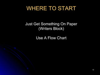 4242
WHERE TO START
Just Get Something On Paper
(Writers Block)
Use A Flow Chart
 