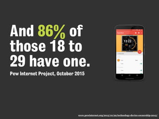And 86% of
those 18 to
29 have one.
Pew Internet Project, October 2015
www.pewinternet.org/2015/10/29/technology-device-ownership-2015/
 