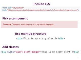 13
Pick a component
Include CSS
Use markup structure
Add classes
 