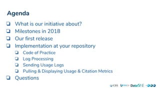 Agenda
❏ What is our initiative about?
❏ Milestones in 2018
❏ Our first release
❏ Implementation at your repository
❏ Code of Practice
❏ Log Processing
❏ Sending Usage Logs
❏ Pulling & Displaying Usage & Citation Metrics
❏ Questions
 