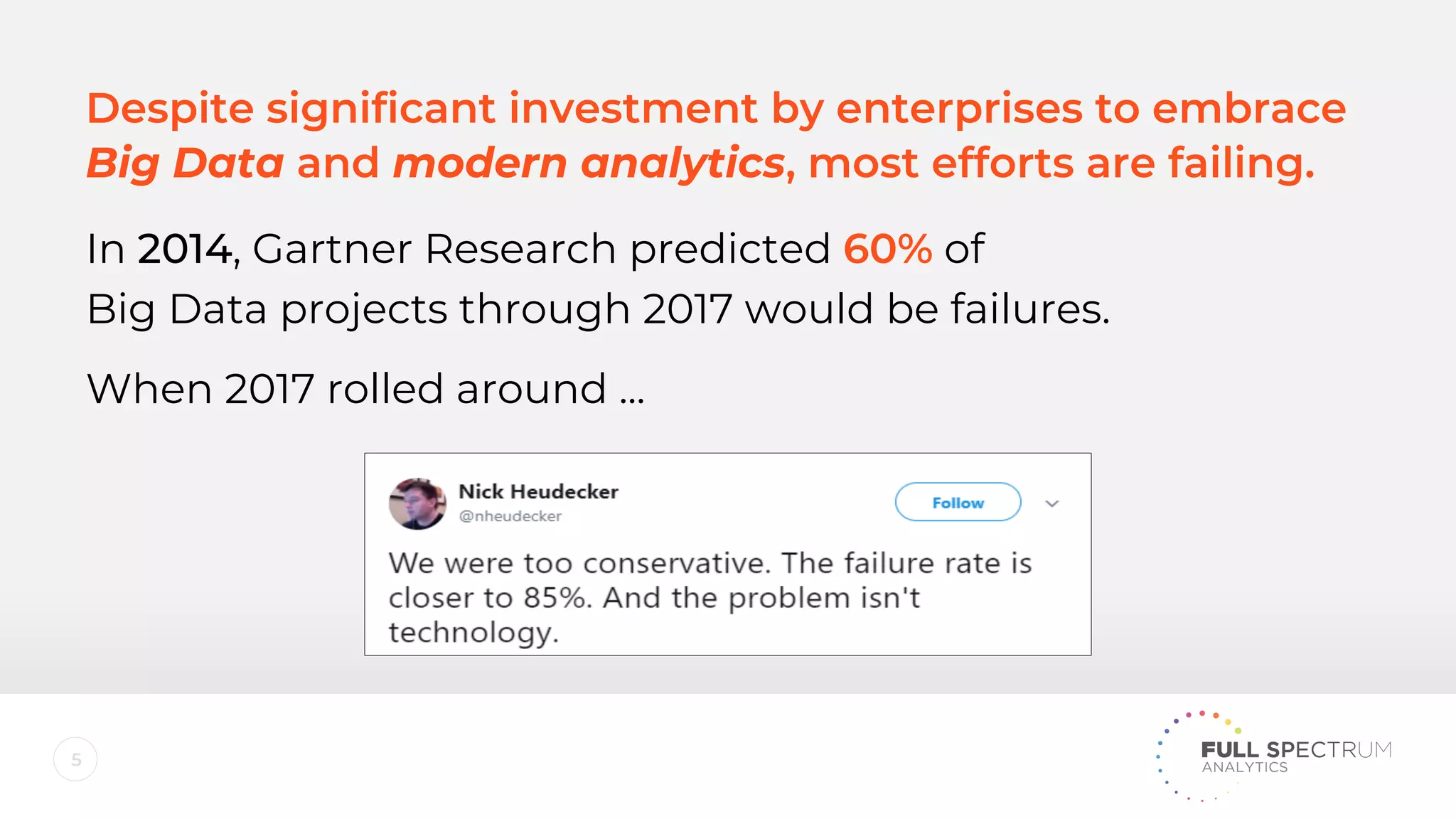 5
In 2014, Gartner Research predicted 60% of
Big Data projects through 2017 would be failures.
When 2017 rolled around ...
Despite significant investment by enterprises to embrace
Big Data and modern analytics, most efforts are failing.
 
