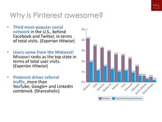 Why is Pinterest awesome?
• Third most-popular social
  network in the U.S., behind
  Facebook and Twitter, in terms
  of total visits. (Experian Hitwise)

• Users come from the Midwest!
  Missouri ranks as the top state in
  terms of total user visits.
  (Experian Hitwise)

• Pinterest drives referral
  traffic, more than
  YouTube, Google+ and LinkedIn
  combined. (Shareaholic)
 