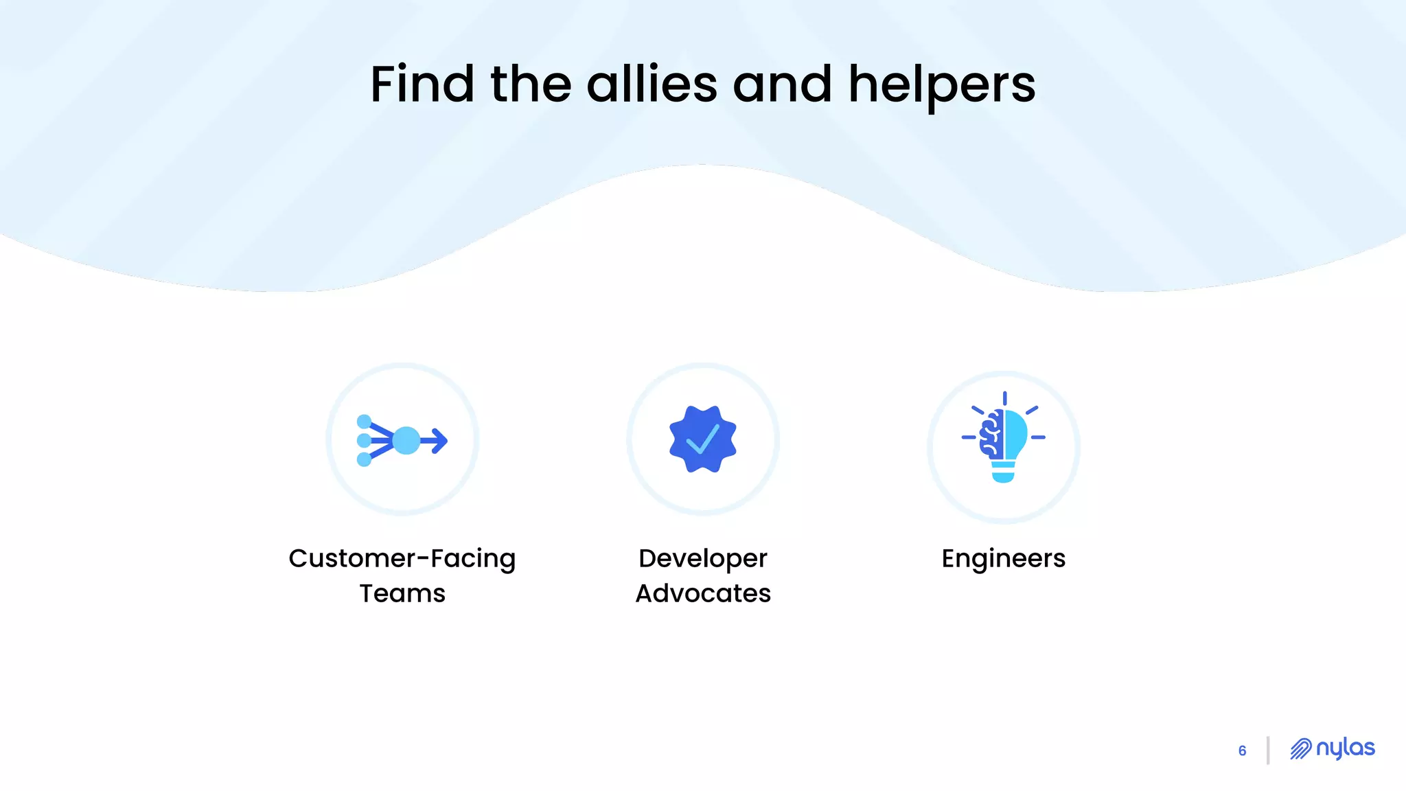 6
Developer
Advocates
Customer-Facing
Teams
Find the allies and helpers
Engineers
 