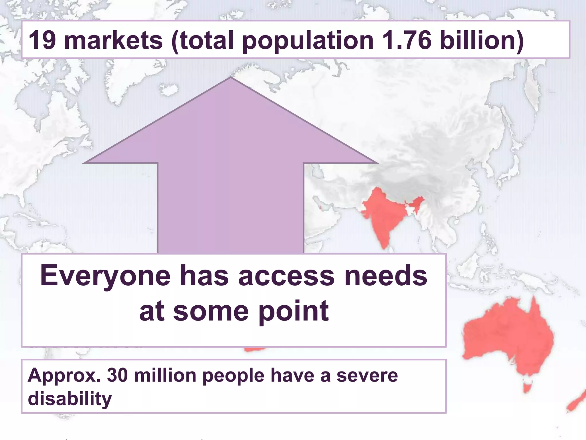 19 markets (total population 1.76 billion)




Approximately 136 million people needs
 Everyone has access
experience
moderate orat some point
            minor disability or have an
access need
Approx. 30 million people have a severe
disability
    6
                   –
 