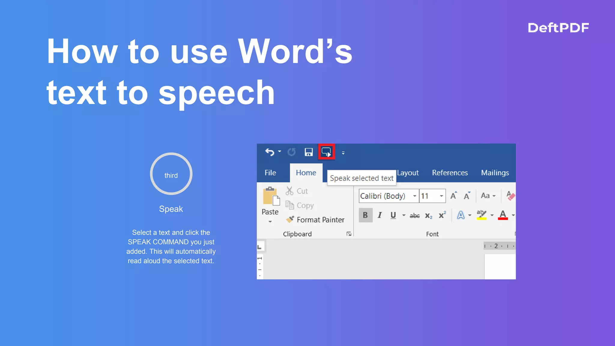 How to use Word’s
text to speech
Speak
Select a text and click the
SPEAK COMMAND you just
added. This will automatically
read aloud the selected text.
third
 