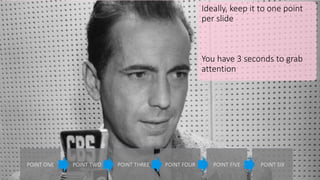Ideally, keep it to one point
per slide
You have 3 seconds to grab
attention
POINT ONE POINT TWO POINT THREE POINT FOUR POINT FIVE POINT SIX
 