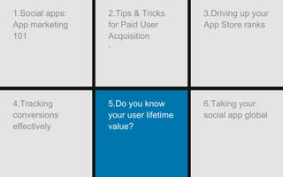 5.Do you know
your user lifetime
value?
6.Taking your
social app global
4.Tracking
conversions
effectively
1.Social apps:
App marketing
101
2.Tips & Tricks
for Paid User
Acquisition
`
3.Driving up your
App Store ranks
 