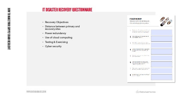WWW.DATABARRACKS.COM
IT DISASTER RECOVERYQUESTIONNAIRE
HOW
TO
MAKE
YOUR
SUPPLY
CHAIN
RESILIENT
• Recovery Objectives
• Distance between primary and
recovery sites
• Power redundancy
• Use of cloud computing
• Testing & Exercising
• Cyber security
 