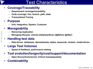 Test Characteristics
                    • Coverage/Traceability
                       – Requirement coverage/traceability
                       – Code coverage: line, branch, path, state
                       – Transactional Tracing

                    • Purpose
                       – Unit, Integration, System, Customer

                    • Manageability
                       – Removing duplication
© ASERT 2006-2009




                       – Managing lifecycle: shared setUp/tearDown (@Before @After)

                    • Handling test data
                       – Data-driven, databases, Spreadsheets, tables, keywords, random, model-driven

                    • Large Test Volumes
                       – Speed of feedback, performance testing

                    • Tool evolution/longevity/cost/support/documentation
                       – Open Source/Commercial, Critical mass/popularity

                    • Combinability

                                                                                          AJUG_SEP2009 - 10
 