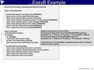 ...EasyB Example
                    2 scenarios (including 1 pending) executed successfully.

                     Story: simp blog initial

                      scenario Bart posts a new blog entry [PENDING]
                       given we are on the create blog entry page
                       when I have entered 'Bart was here' as the title
                       when I have entered 'Cowabunga Dude!' into the content [PENDING]
                       when I have selected 'Home' as the category [PENDING]
                       when I have selected 'Bart' as the author [PENDING]
                       when I click the 'Create Post' button [PENDING]
                       then I expect the entry to be posted [PENDING]

                     Story: simp blog                                easyb is preparing to process 2 file(s)
© ASERT 2006-2009




                     Post Blog Entry Feature                         Running simp blog initial story (SimpBlogInitialStory.groovy)
                     for feature                                     Scenarios run: 1, Failures: 0, Pending: 1, Time elapsed: 1.049 sec
                       As a Blogger                                  Running simp blog story (SimpBlogStory.groovy)
                       I want to be able to post a blog              Scenarios run: 1, Failures: 0, Pending: 0, Time elapsed: 1.356 sec
                       So that I can keep others informed
                       given we are on the create blog entry page    2 total behaviors ran (including 1 pending behavior) with no failures
                                                                     easyb execution passed
                      scenario Bart was here blog
                       when I have entered 'Bart was here' as the title
                       when I have entered 'Cowabunga Dude!' into the content
                       when I have selected 'Home' as the category
                       when I click the 'Create Post' button
                       then I expect the entry to be posted




                                                                                                                        AJUG_SEP2009 - 112
 