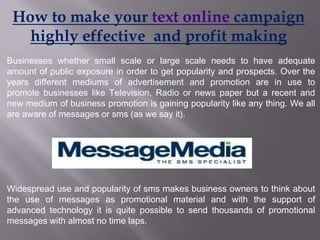 How to make your text onlinecampaign highly effective  and profit making Businesses whether small scale or large scale needs to have adequate amount of public exposure in order to get popularity and prospects. Over the years different mediums of advertisement and promotion are in use to promote businesses like Television, Radio or news paper but a recent and new medium of business promotion is gaining popularity like any thing. We all are aware of messages or sms (as we say it). Widespread use and popularity of sms makes business owners to think about the use of messages as promotional material and with the support of advanced technology it is quite possible to send thousands of promotional messages with almost no time laps. 