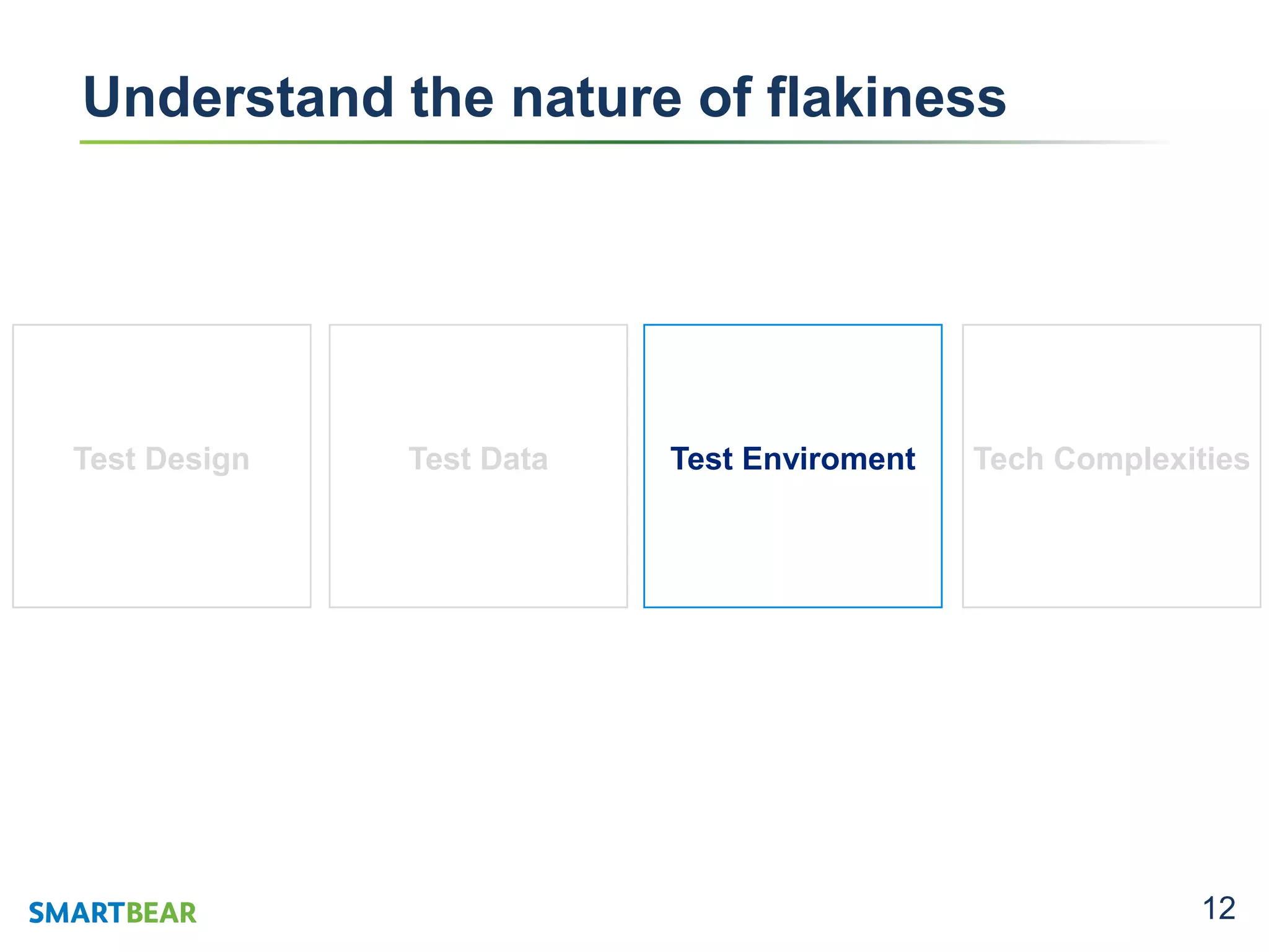 12
Understand the nature of flakiness
Tech ComplexitiesTest EnviromentTest DataTest Design
 