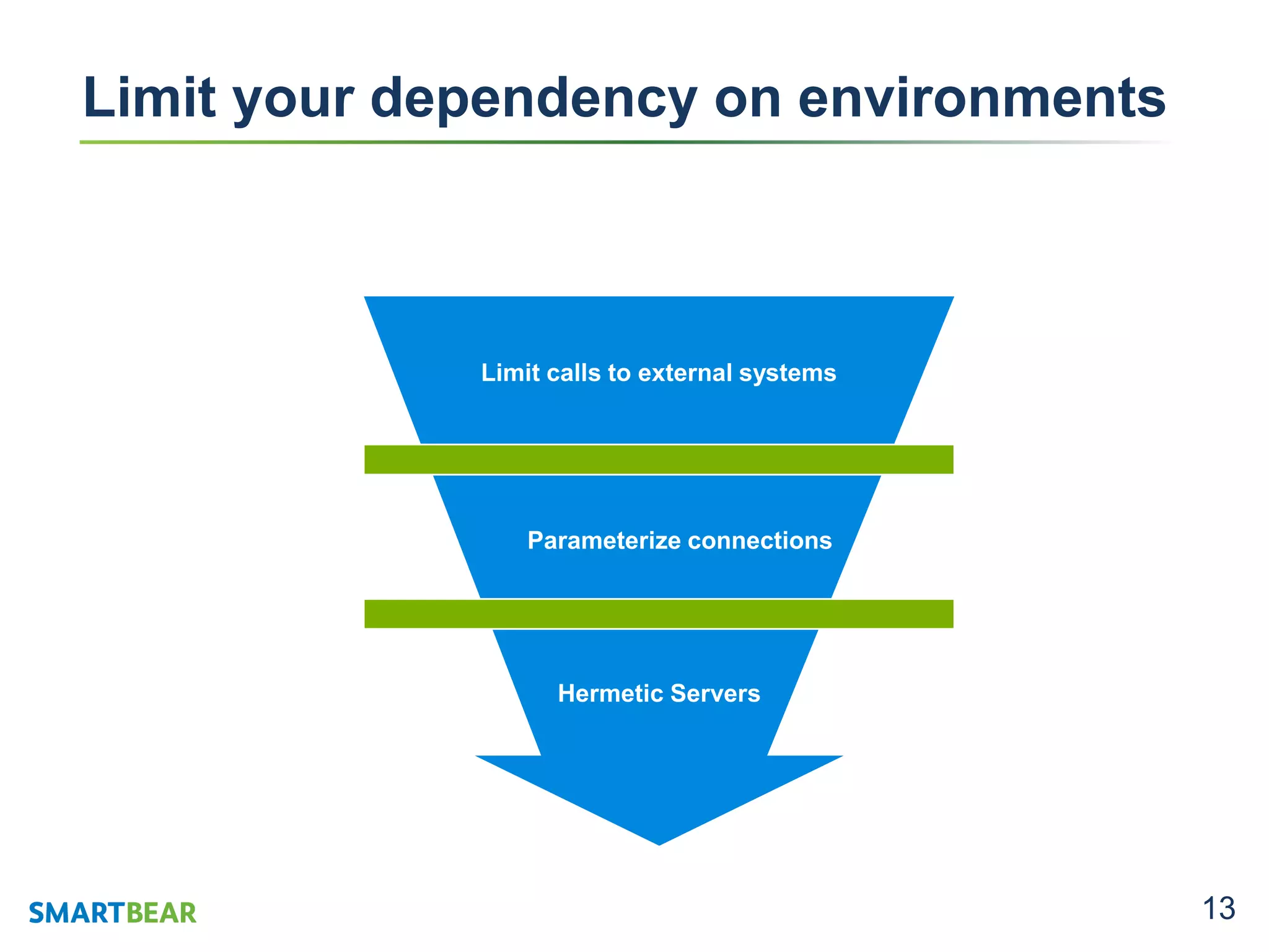 13
Limit your dependency on environments
Test services seperately from the UI
Use page objects
Automate at three levels
‒ Unit
‒ Service
‒ UI
Use page objects Build modular test design
‒ Application API
‒ HTML API
‒ Identify user journeys
Limit calls to external systems
Parameterize connections
Hermetic Servers
 