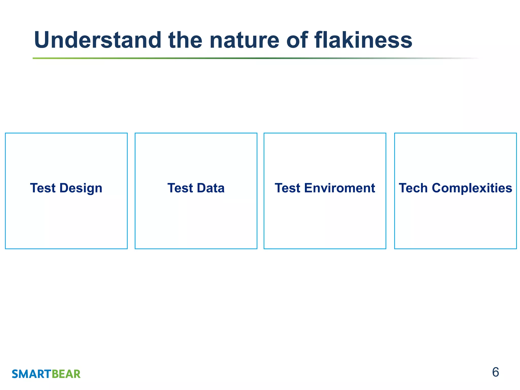 6
Understand the nature of flakiness
Tech ComplexitiesTest EnviromentTest DataTest Design
 