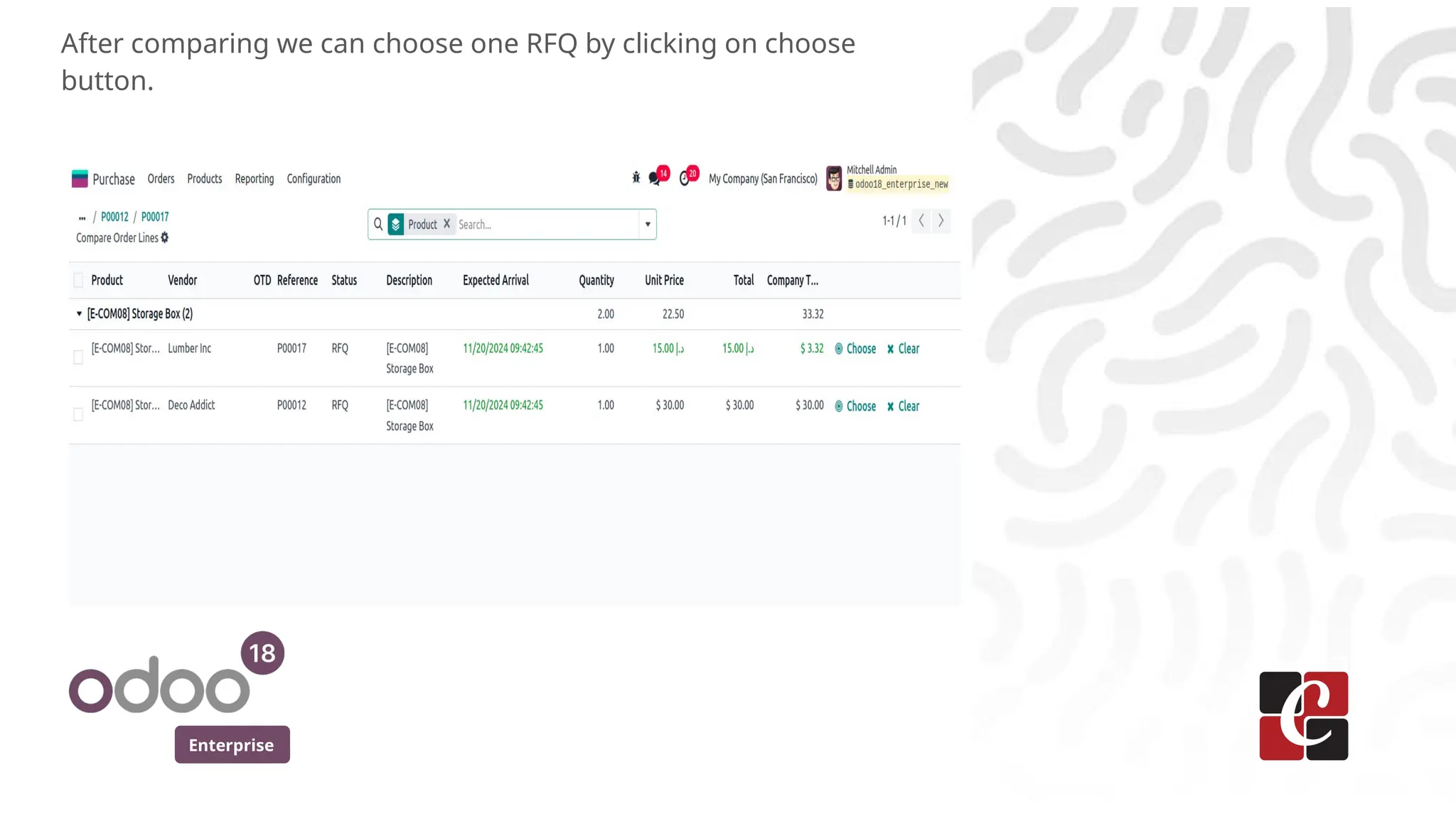 Enterprise
After comparing we can choose one RFQ by clicking on choose
button.
 