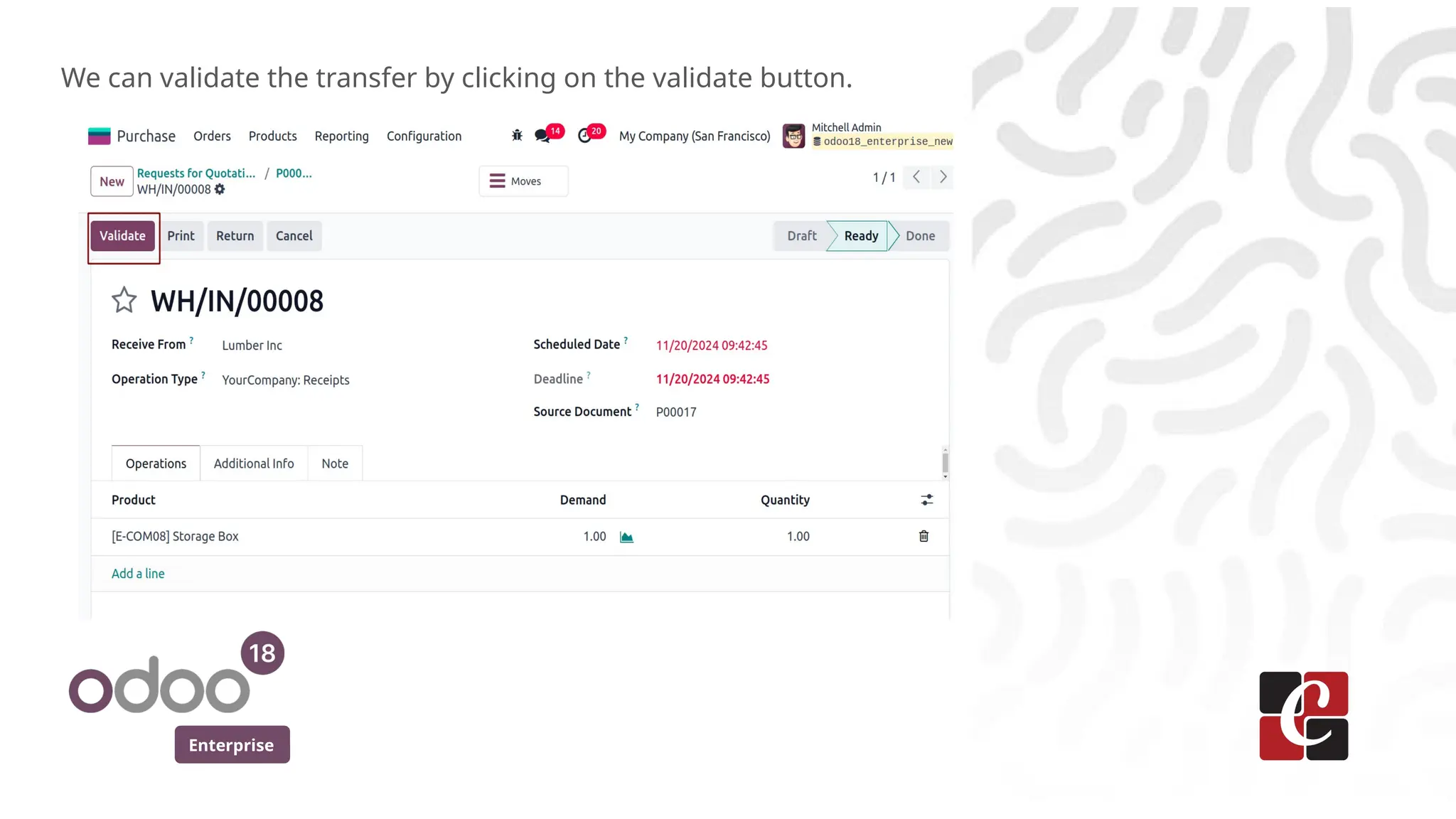 Enterprise
We can validate the transfer by clicking on the validate button.
 