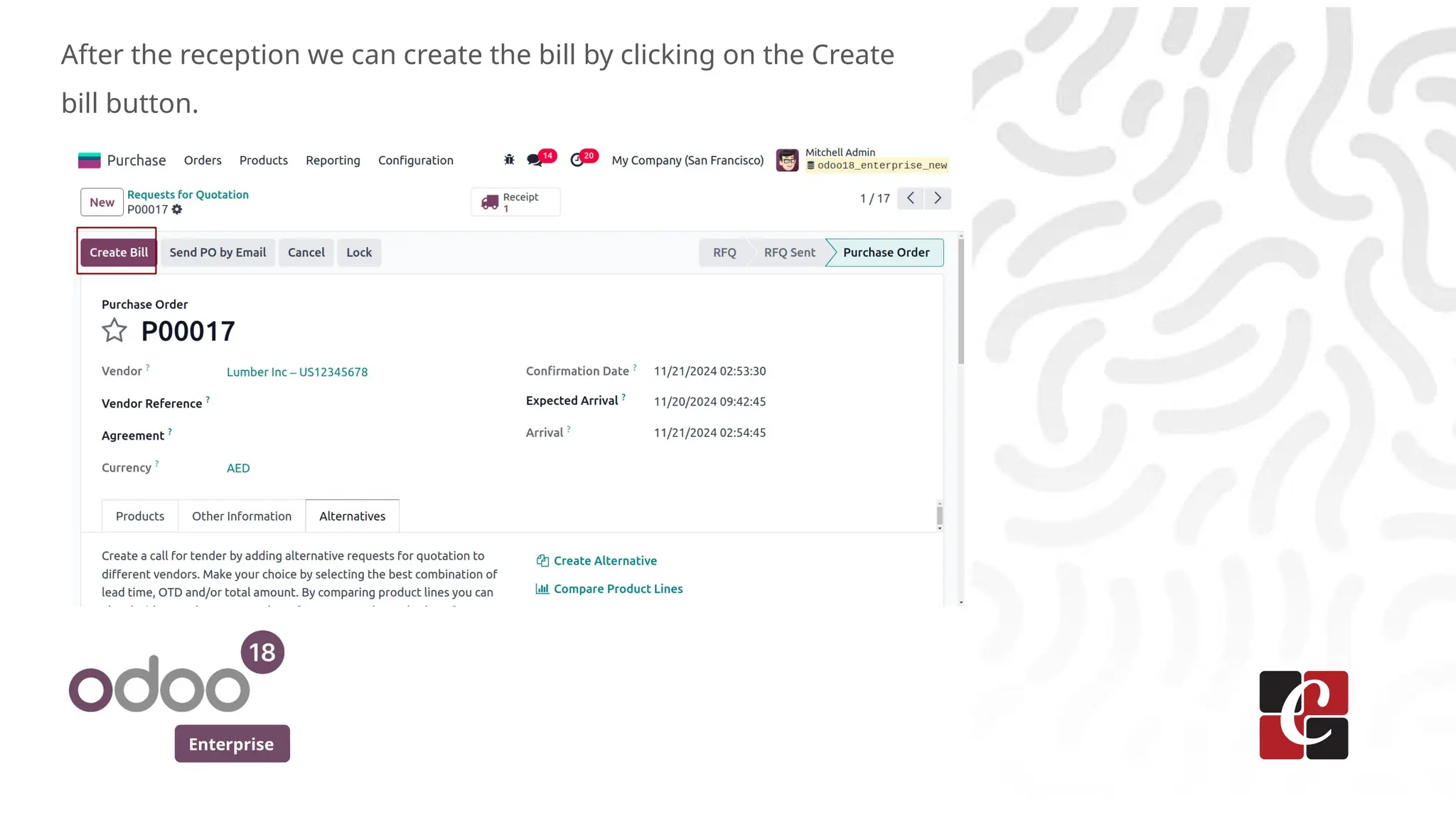 Enterprise
After the reception we can create the bill by clicking on the Create
bill button.
 