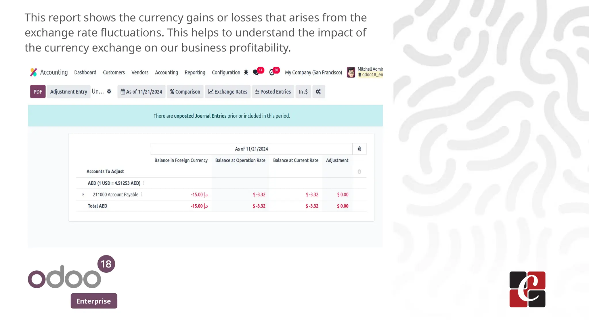 Enterprise
This report shows the currency gains or losses that arises from the
exchange rate fluctuations. This helps to understand the impact of
the currency exchange on our business profitability.
 