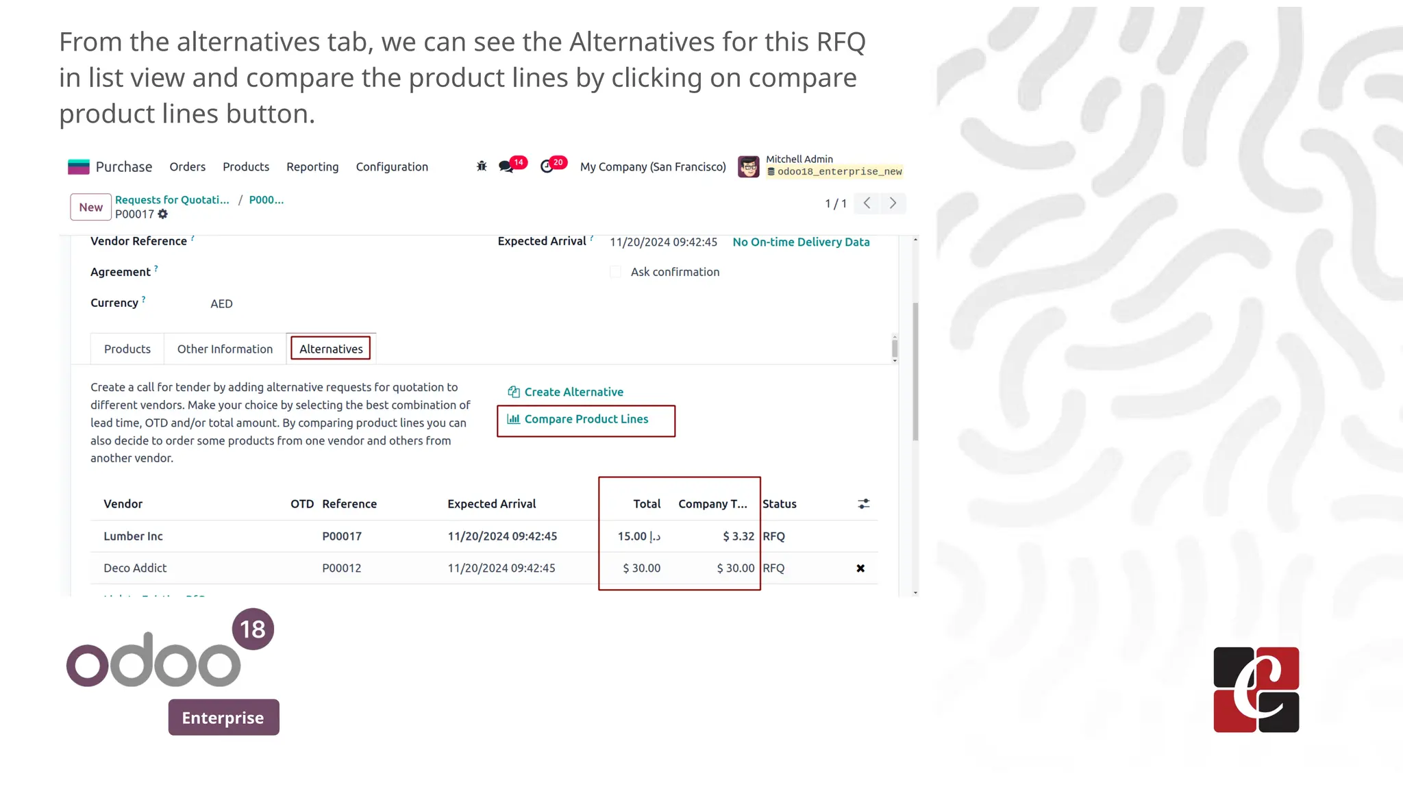 Enterprise
From the alternatives tab, we can see the Alternatives for this RFQ
in list view and compare the product lines by clicking on compare
product lines button.
 