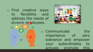 o Find creative ways
to flexibility and
address the needs of
diverse employees.
o Communicate the
importance of zero
tolerance and empower
your subordinates to
actively promote this
 