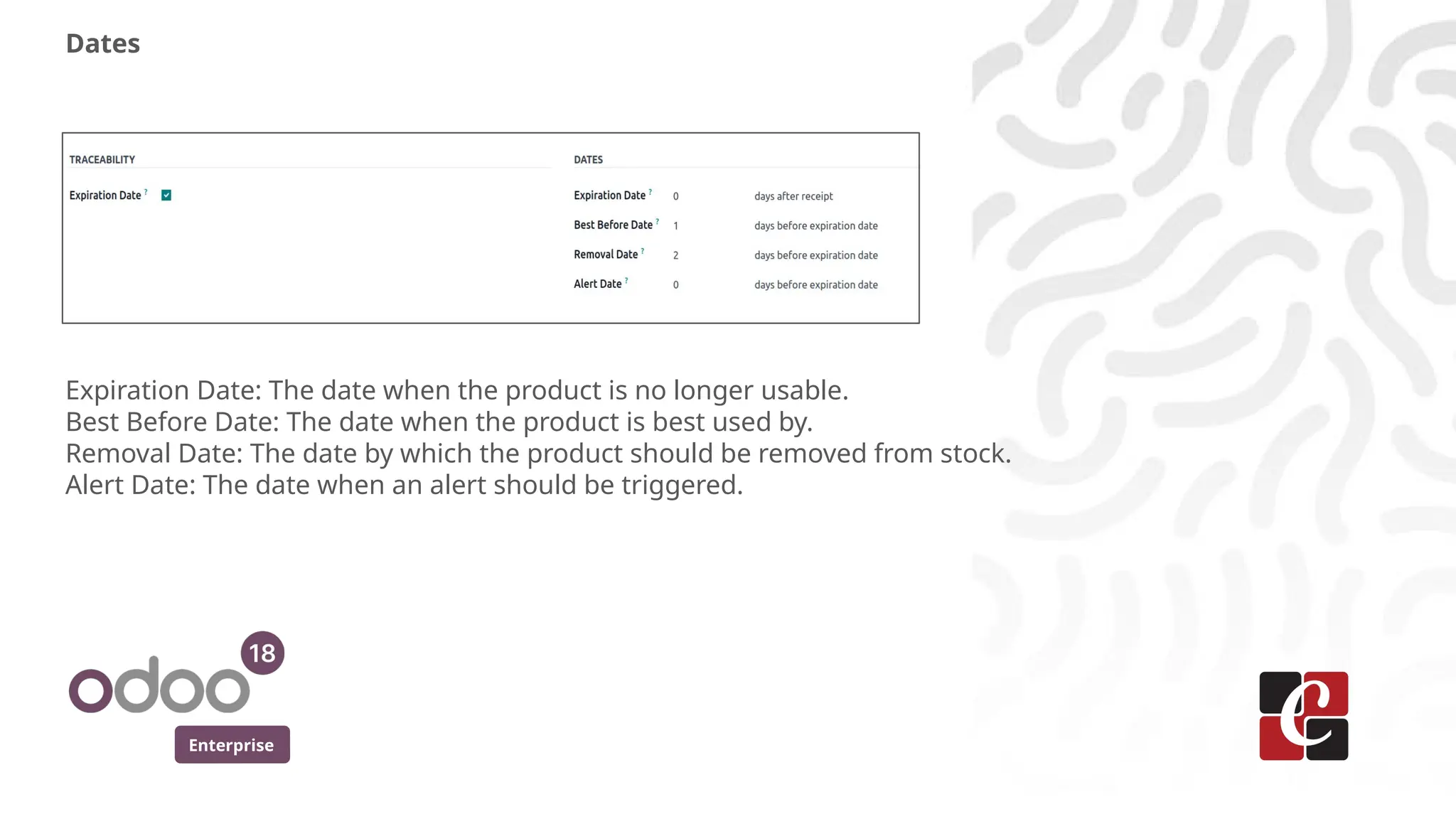 Enterprise
Dates
Expiration Date: The date when the product is no longer usable.
Best Before Date: The date when the product is best used by.
Removal Date: The date by which the product should be removed from stock.
Alert Date: The date when an alert should be triggered.
 