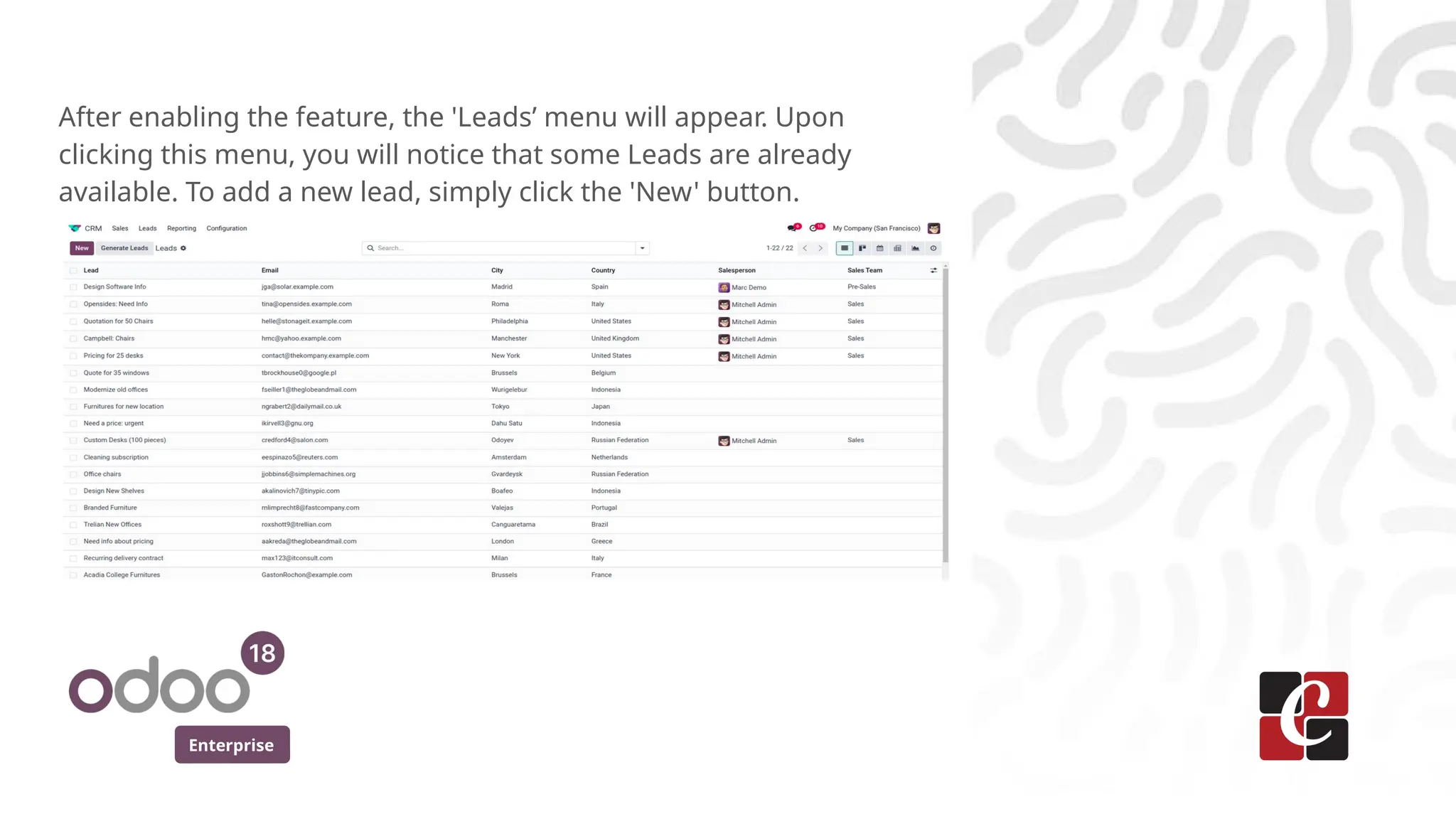 Enterprise
After enabling the feature, the 'Leads’ menu will appear. Upon
clicking this menu, you will notice that some Leads are already
available. To add a new lead, simply click the 'New' button.
 