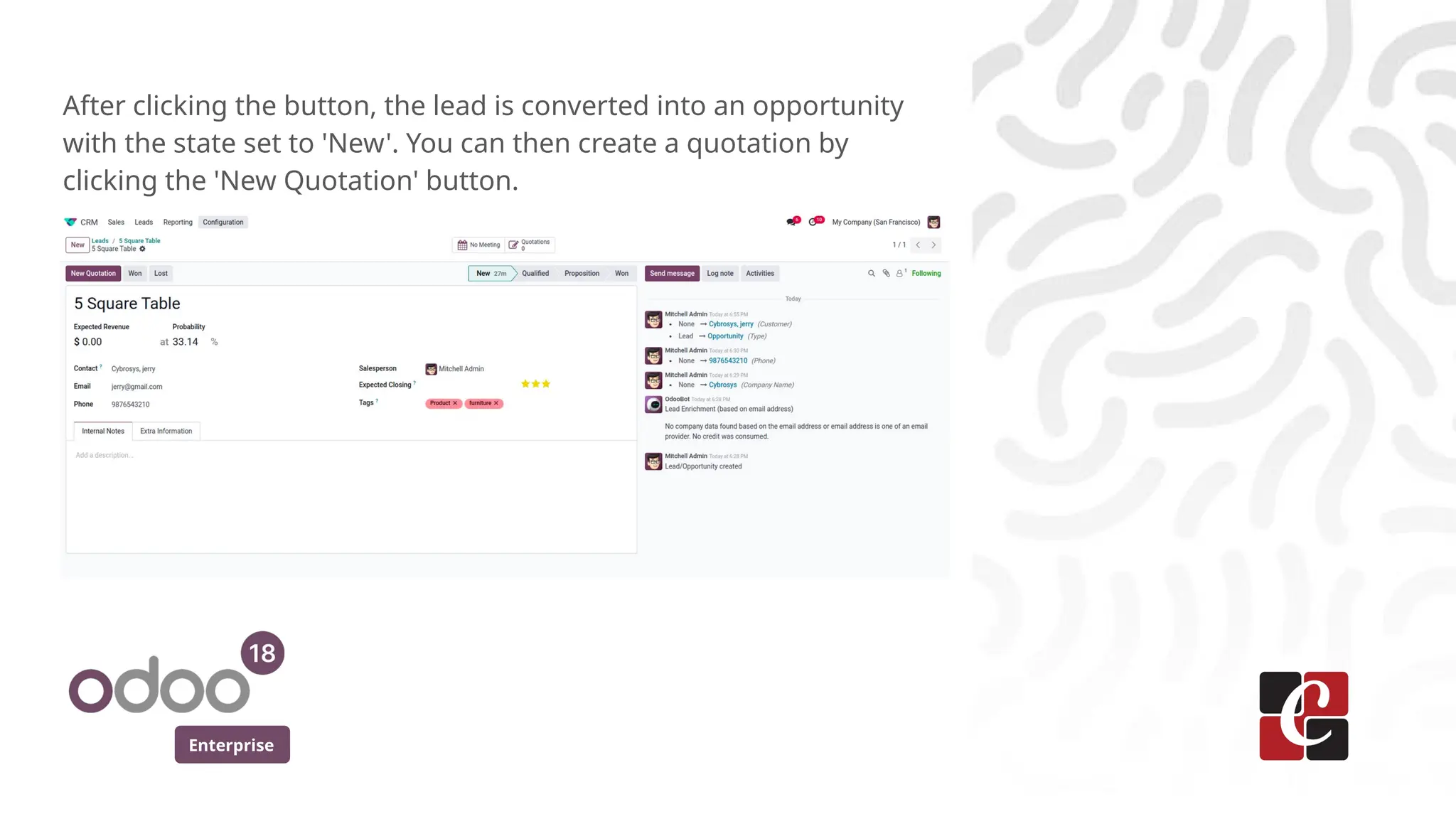 Enterprise
After clicking the button, the lead is converted into an opportunity
with the state set to 'New'. You can then create a quotation by
clicking the 'New Quotation' button.
 