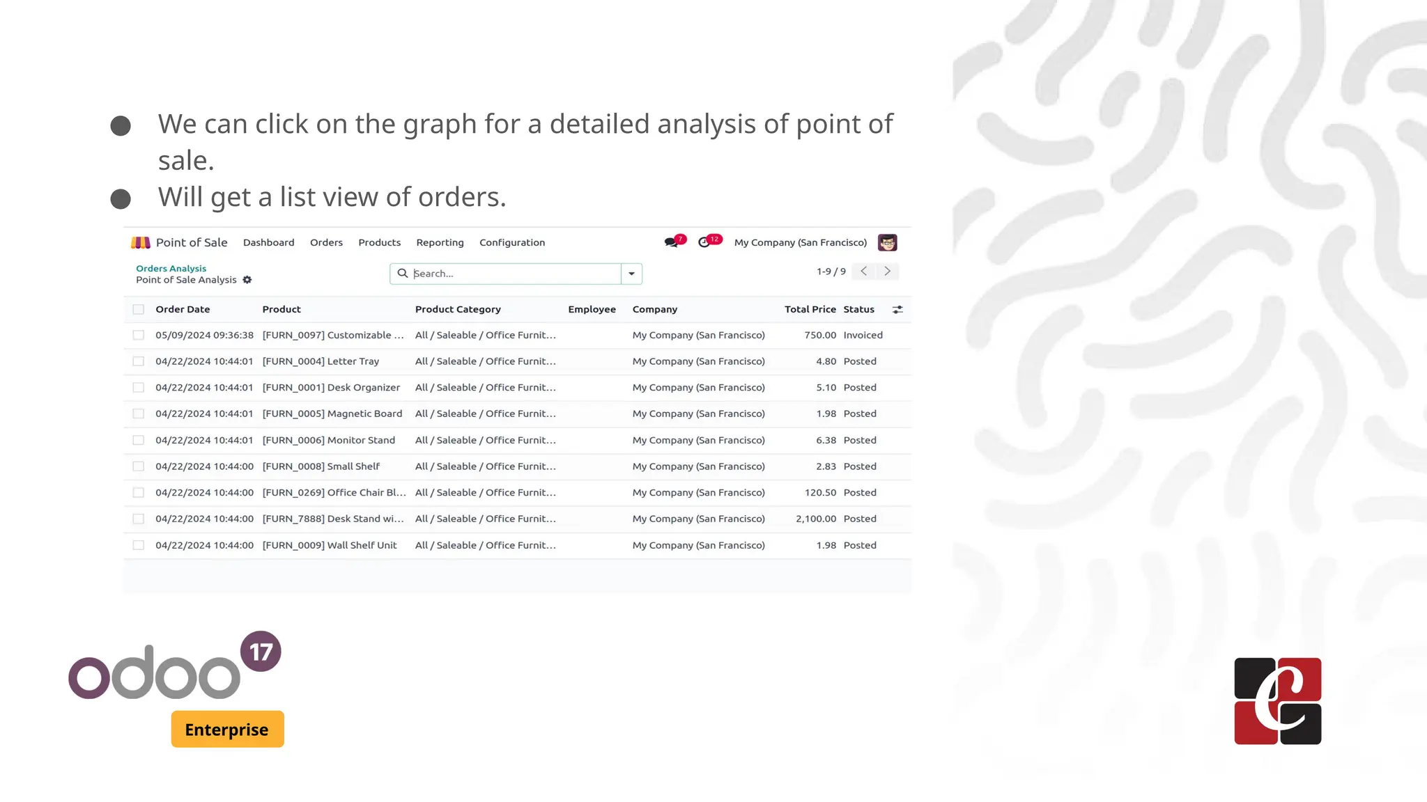 Enterprise
● We can click on the graph for a detailed analysis of point of
sale.
● Will get a list view of orders.
 