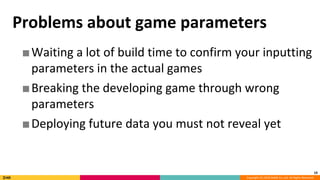 Copyright (C) 2018 DeNA Co.,Ltd. All Rights Reserved.
10
Problems about game parameters
■Waiting a lot of build time to confirm your inputting
parameters in the actual games
■Breaking the developing game through wrong
parameters
■Deploying future data you must not reveal yet
 