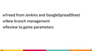 Copyright (C) 2018 DeNA Co.,Ltd. All Rights Reserved.
■Freed from Jenkins and GoogleSpreadSheet
■New branch management
■Review to game parameters
17
 