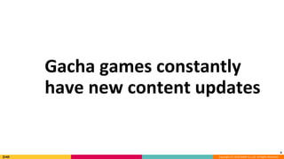 Copyright (C) 2018 DeNA Co.,Ltd. All Rights Reserved.
4
Gacha games constantly
have new content updates
 