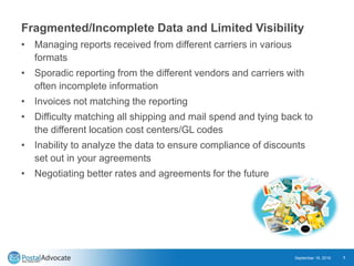 Fragmented/Incomplete Data and Limited Visibility
• Managing reports received from different carriers in various
formats
•...